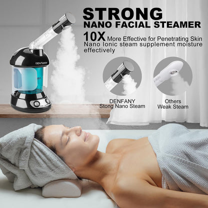 Facial Steamer - DENFANY Nano Ionic Face Steamer with Extendable 360° Rotating Arm - Portable Facial Steamer for Personal Care at Home or Salon (Blue)