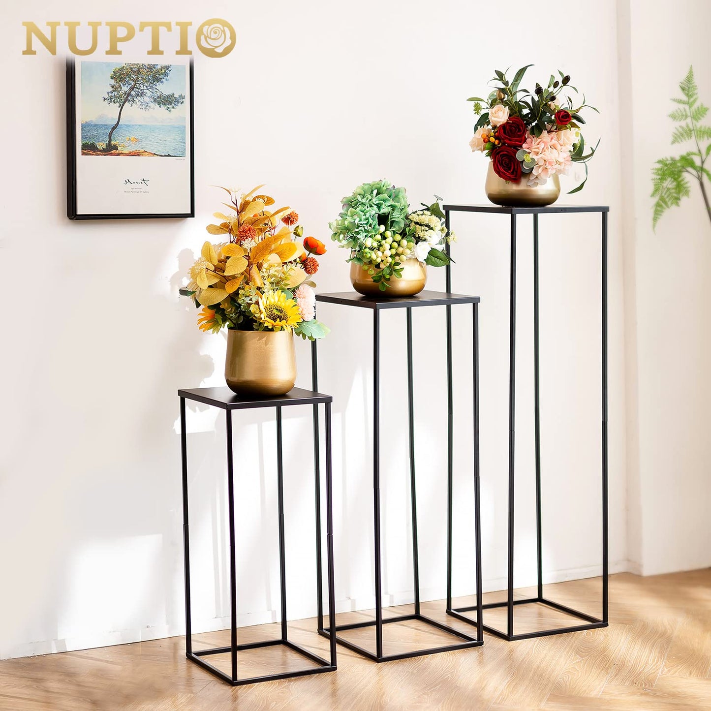 Nuptio Black Vase for Wedding Centrepieces: 3 Pcs Tall Plant Stand Flower Vases Large Metal Display Table Column Rack Geometric Centre Pieces for Home Birthday Party Decorations(23.6/31.5/39.4in)