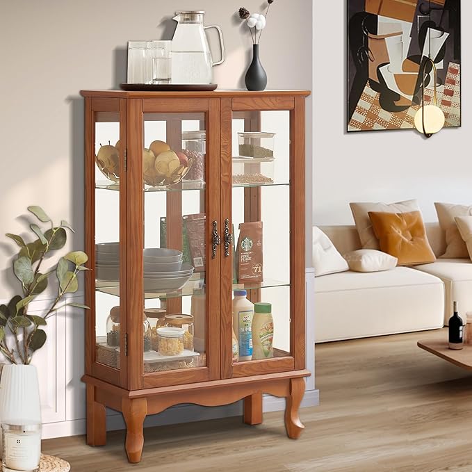 Curio Cabinet With Lighted Tall Leg Glass Door, Antique Display With Mirrored