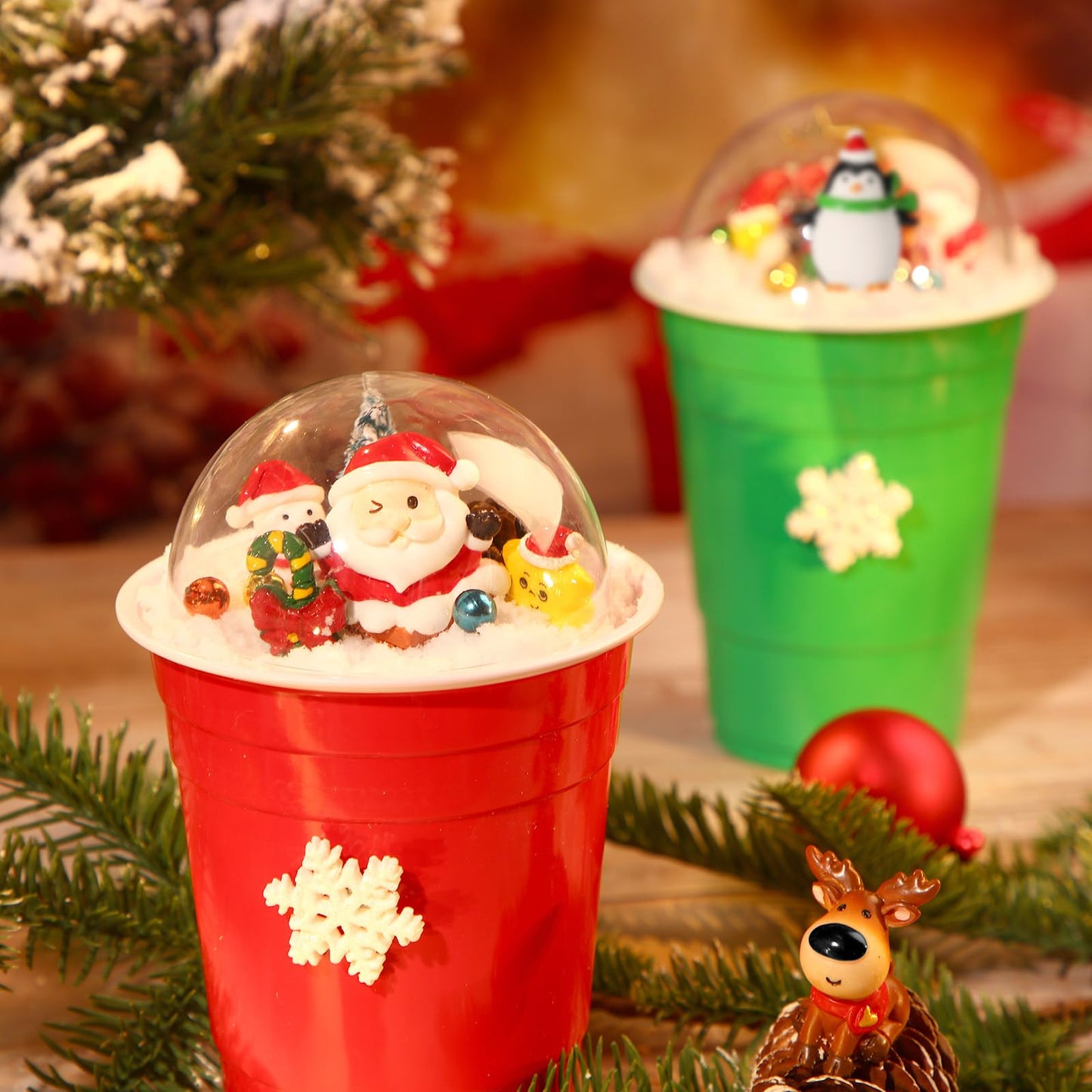 Roowest 96 Pcs Miniature Ornaments for Snow Globe Kit DIY Christmas Village Decoration Christmas Figurines Mini Ornaments with Snowman Reindeer Santa Claus Snowflake(DarkGreen Teal Beige Sliver Pink)
