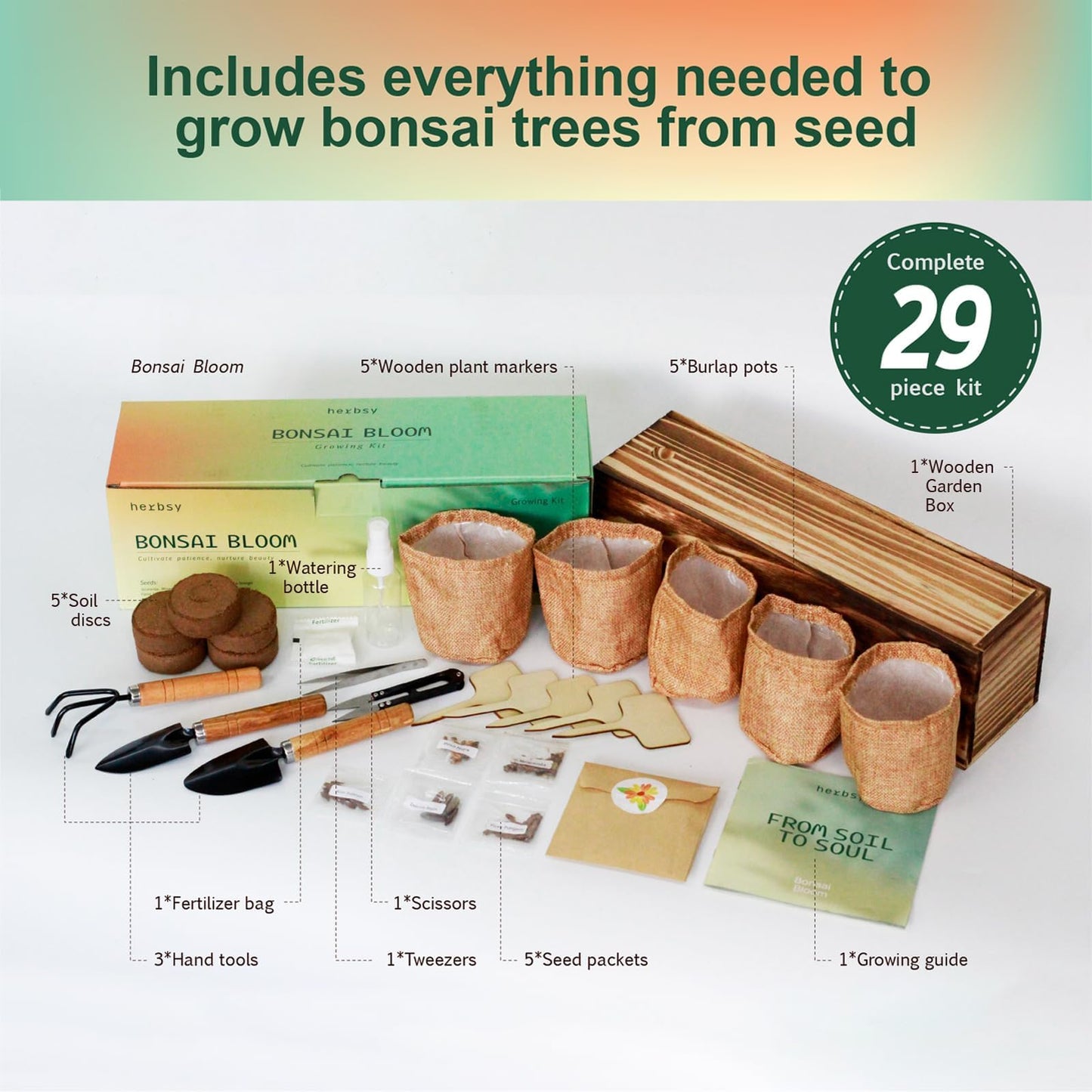 5 Pack Bonsai Tree Kit with Complete Tools, 5X Unique Seeds Bonzai Tree Live Kits, Complete Indoor Bonsai Starter Kit with Wooden Box, Perfect Christmas Garden Gift for Mom, Men, Women, Plant Lover