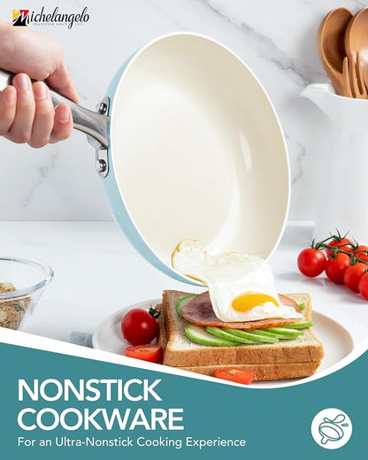 MICHELANGELO Pots and Pans Set Non Stick, 8-Piece Ti-infused Ceramic Cookware Set with Silicone Utensils - Induction Compatible, Oven Safe, PFOA-Free, Blue