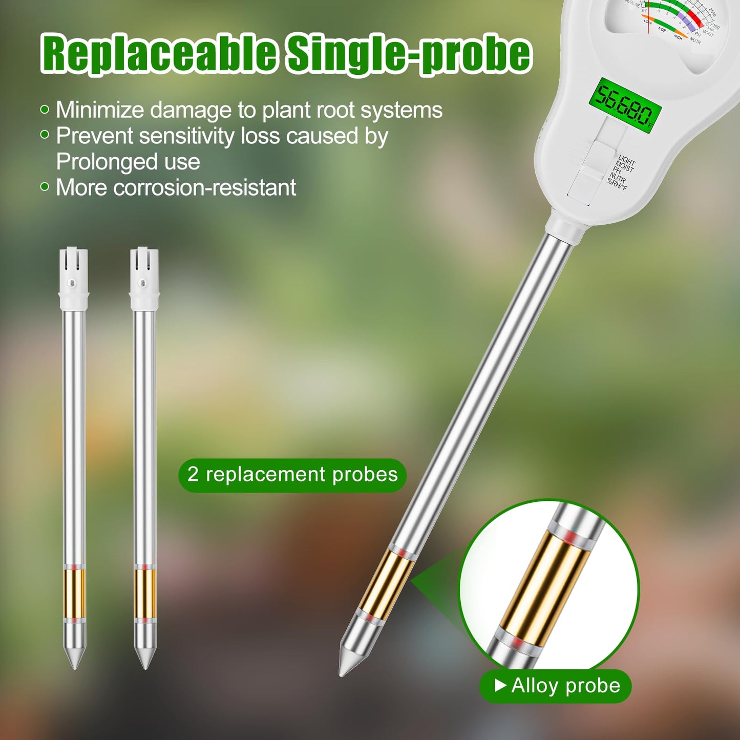 SPECILITE 6-in-1 Soil Tester, Digital Soil Moisture Meter/PH Meter/Sunlight/Temperature/Fertility Monitor with 2 Removable Probe, Dual Screen Soil Test Kit for Gardening, Lawn, Indoor & Outdoor Plant