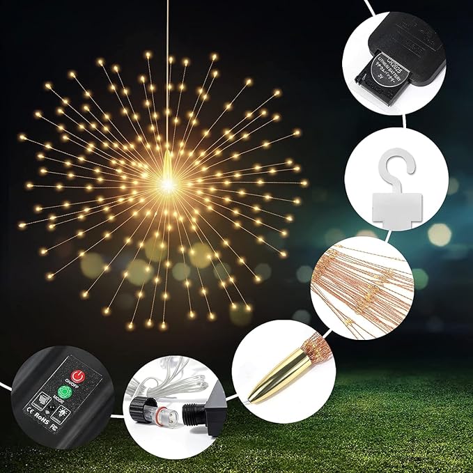 3 Pack 600 LED Solar Starburst Sphere Lights Remote Control,LED Firework Light 8 Modes Dimmable Waterproof Hanging Fairy Light, Copper Wire Lights for Patio Parties Christmas (Warm White)