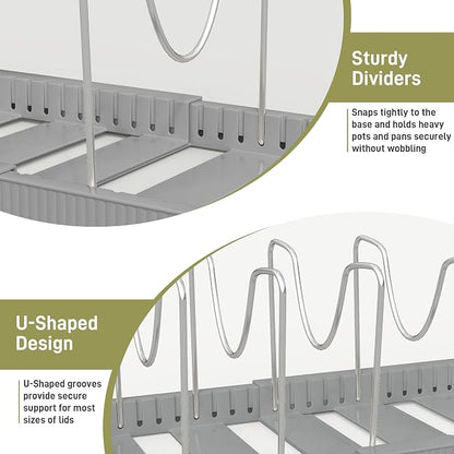 Pots and Pans Organizer for under Cabinet, Pan Pot Organizers inside Cabinet, Expandable Organizer with 12 Adjustable Dividers for Cookie Sheets, Cutting Boards, Pot Lids, Cookware - Pan Rack, Grey