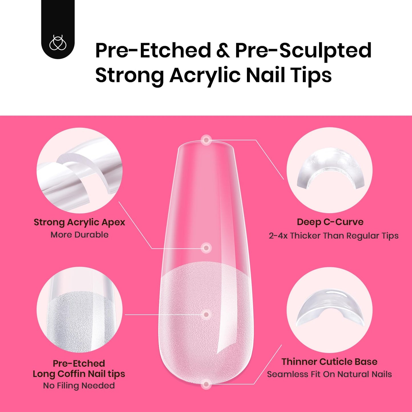 Beetles Tipex Instant Apex Nail Tips Kit, Coffin Long 224Pcs 16 Sizes Pre-Building & Pre-Etched Thicker Acrylic Nails False Nail Extension with Tipex Nail Glue Mini Nail Lamp