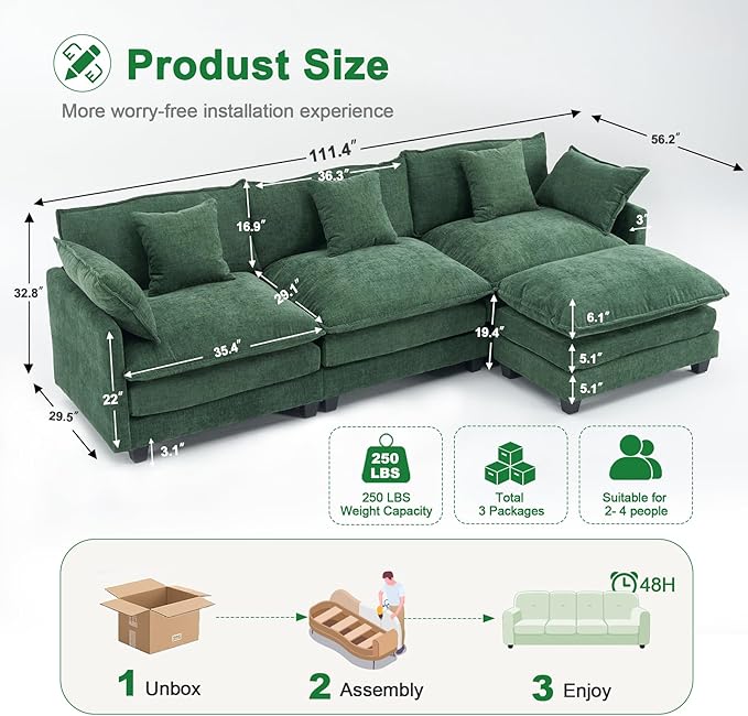 111.4" L-Shaped Cloud Chenille Sofa Sectional Couch