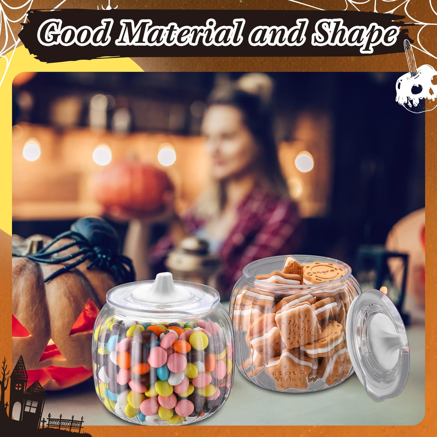 Mimorou 4 Pcs 42oz Halloween Pumpkin Jar with Lid Plastic Cookie Candy Jars with Airtight Lid Clear Pumpkin Shaped Snack Fruit Bowl for Halloween Fall Thanksgiving Home Indoor Party Decoration
