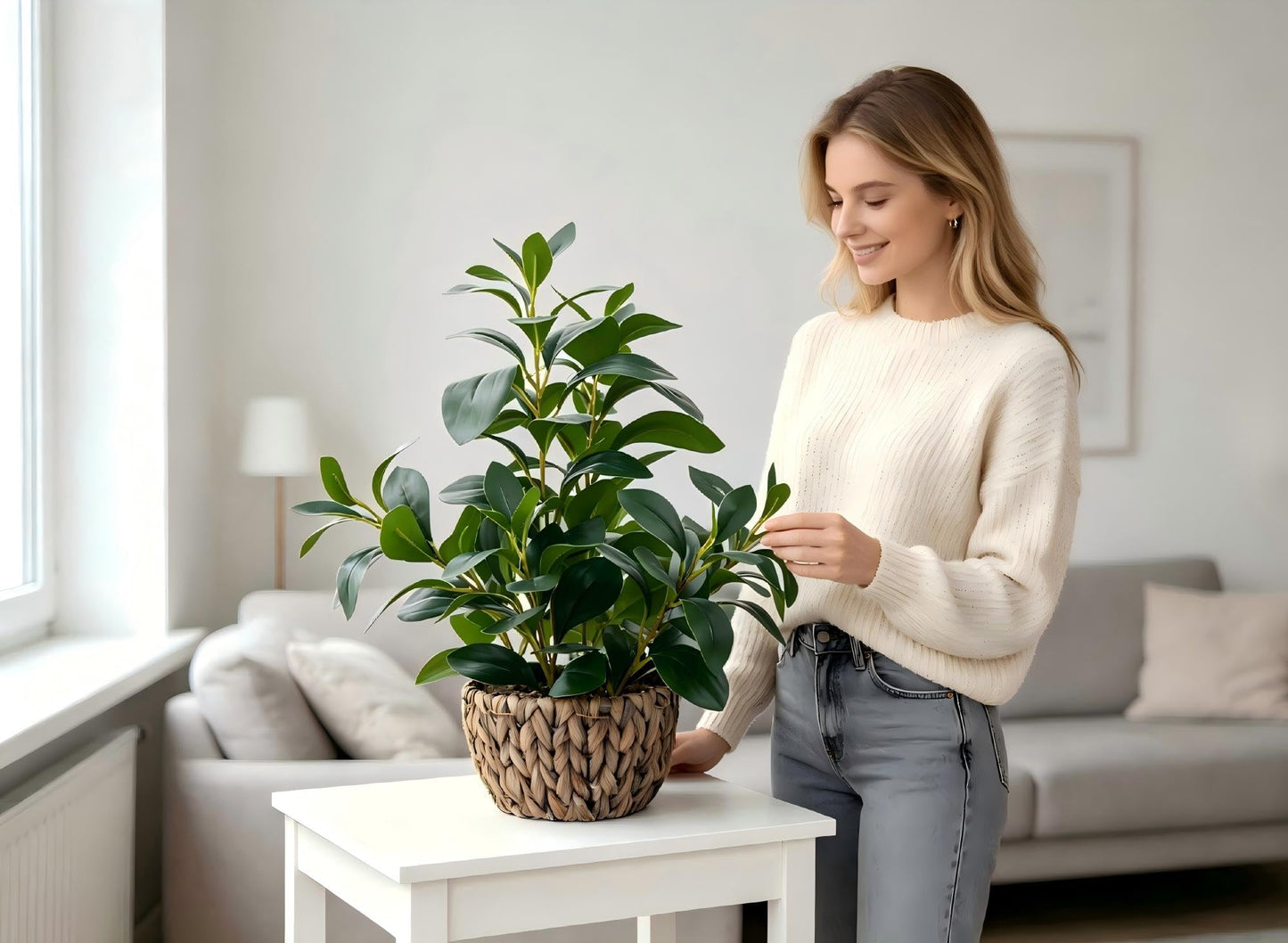 AlphaAcc 18.8 Inch Artificial Ficus Plant Indoor Faux Greenery Potted in Rattan Woven Basket Planter with Decorative Pebbles Realistic Fake Plant for Home Living Room Office Table Desk Shelf Decor