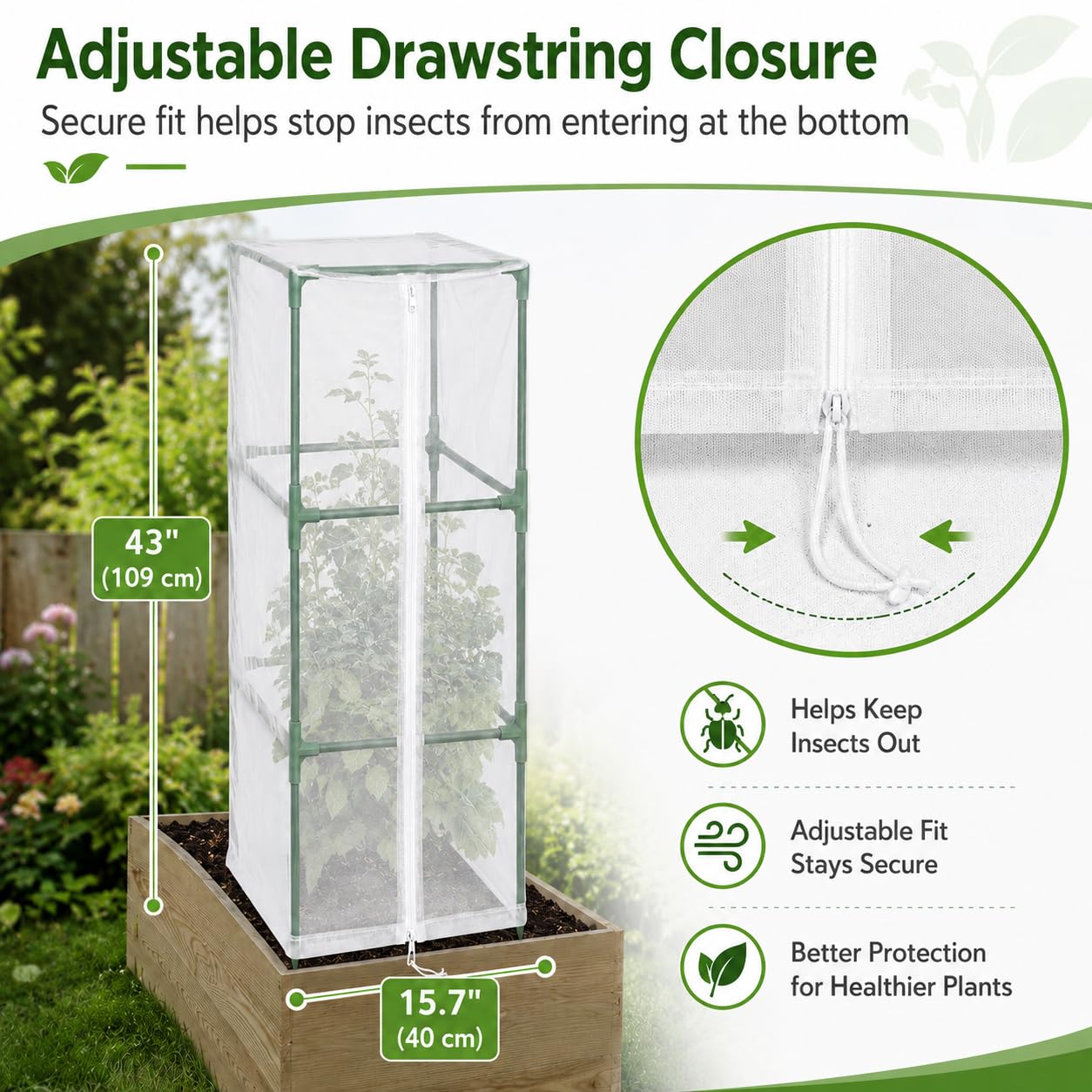 Halatool Garden Tomato Plant Cover Netting, Fits 40–50" Tall Square Tomato Cages, Garden Bird Netting with Zipper & Drawstring, Insect Barrier, Plant Covers from Insects Animals, 2 Pack, 43"×15.7"