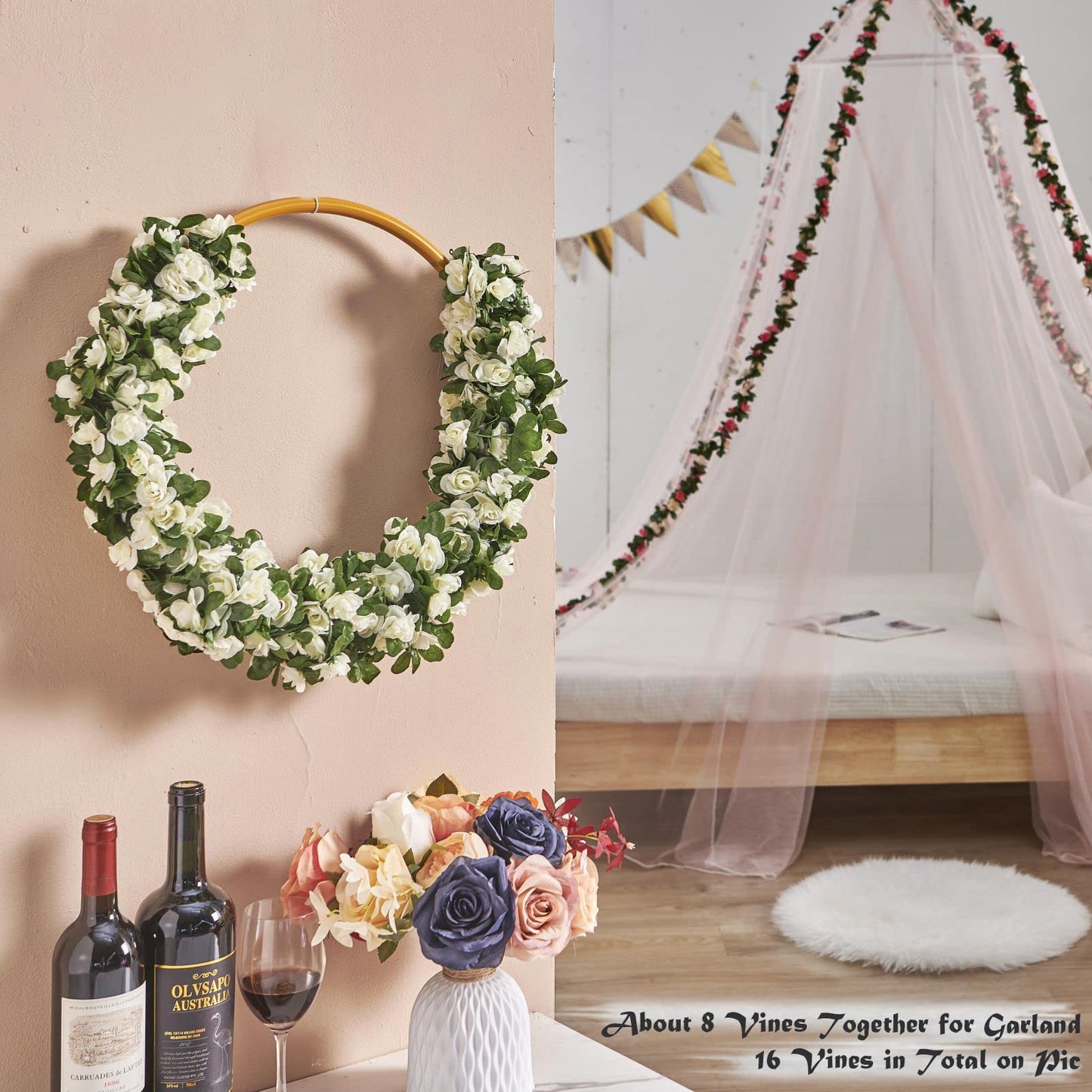 PONKING 8 Pcs x 8.2 ft Flower Garland Artificial Rose Vine Flowers with Green Leaves Hanging Fake Roses Vine for Room Party Home Wedding Birthday Christmas Wall Arch Decor, Spring White Flower