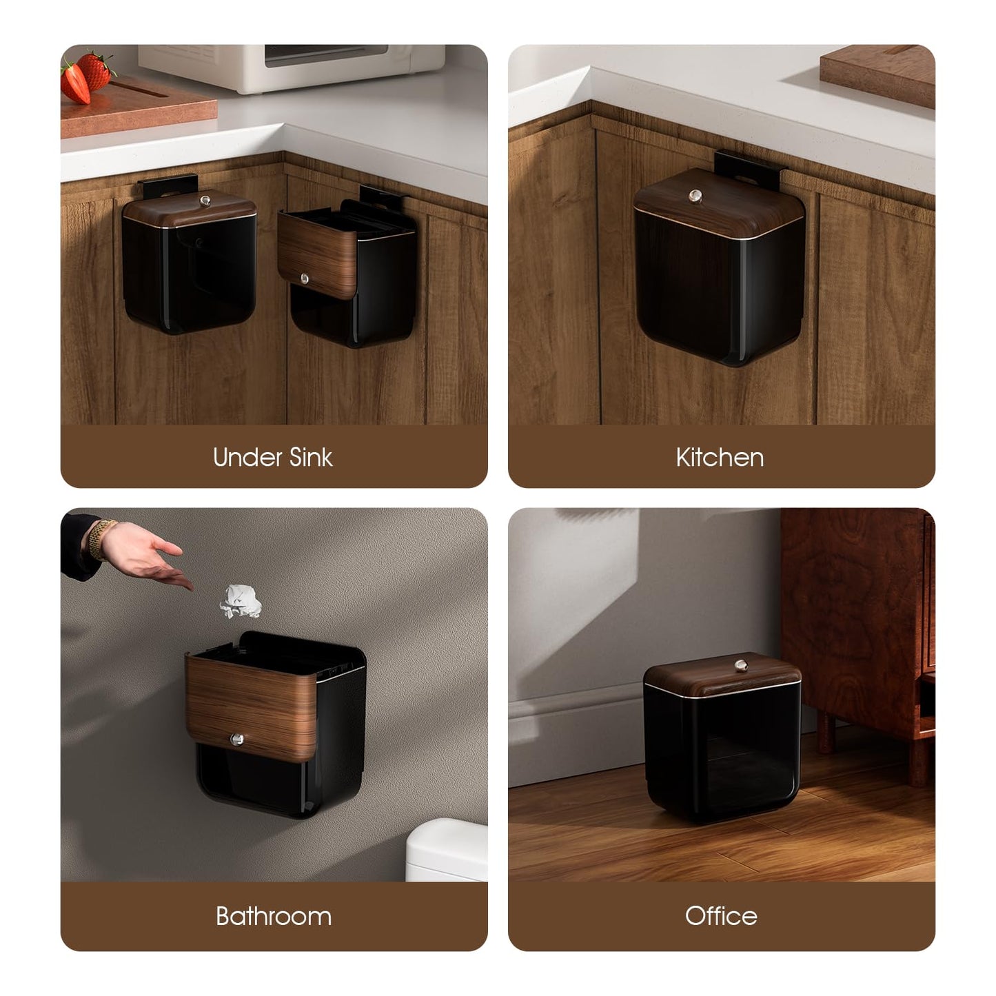 ZNYOPA Large 3.2 Gallon Compost Bin, Under Sink Trash Can with Lid, Hanging Waste Cabinet for Office Kitchen Cupboard Bathroom Bedroom, Black