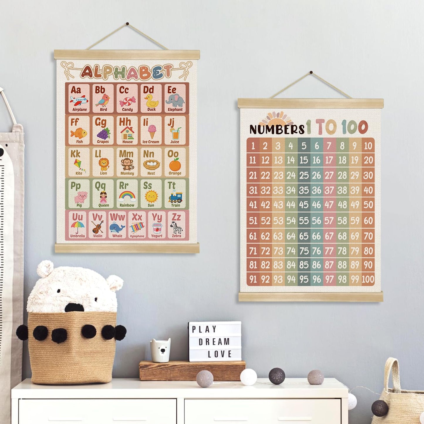Alphabet and Numbers 1 to 100 Educational Wall Art Decor for Daycare, 14x18.5inch 1-6 Toddlers Learning Canvas Poster with Hanger Frame,Kids Room Decor for Nursery Playroom Classroom Set of 2