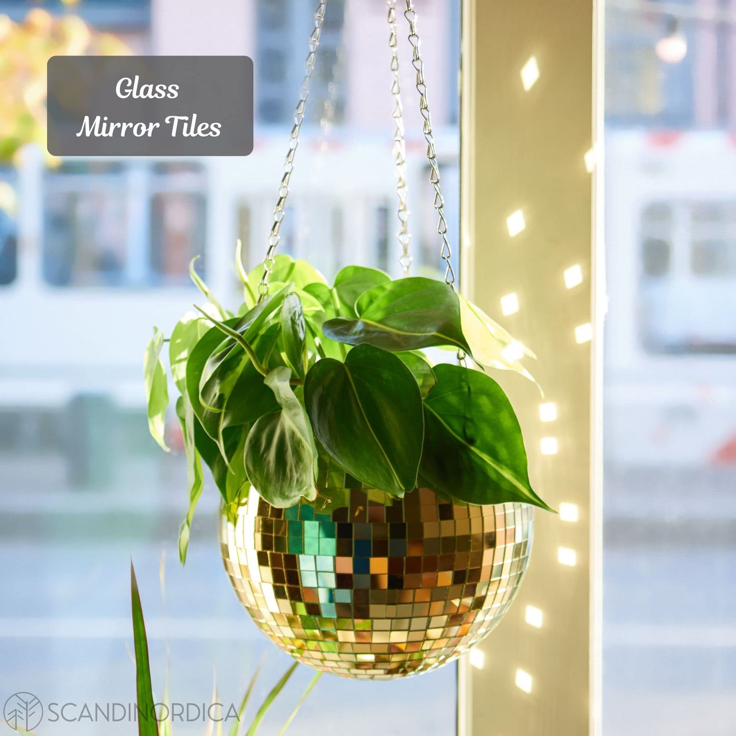 SCANDINORDICA Disco Ball Planter 8" Gold with Chain and Macrame Hanger and Disco Ball Planter Pot 4.3" with Saucer (0.3x0.3 mirror tiles)