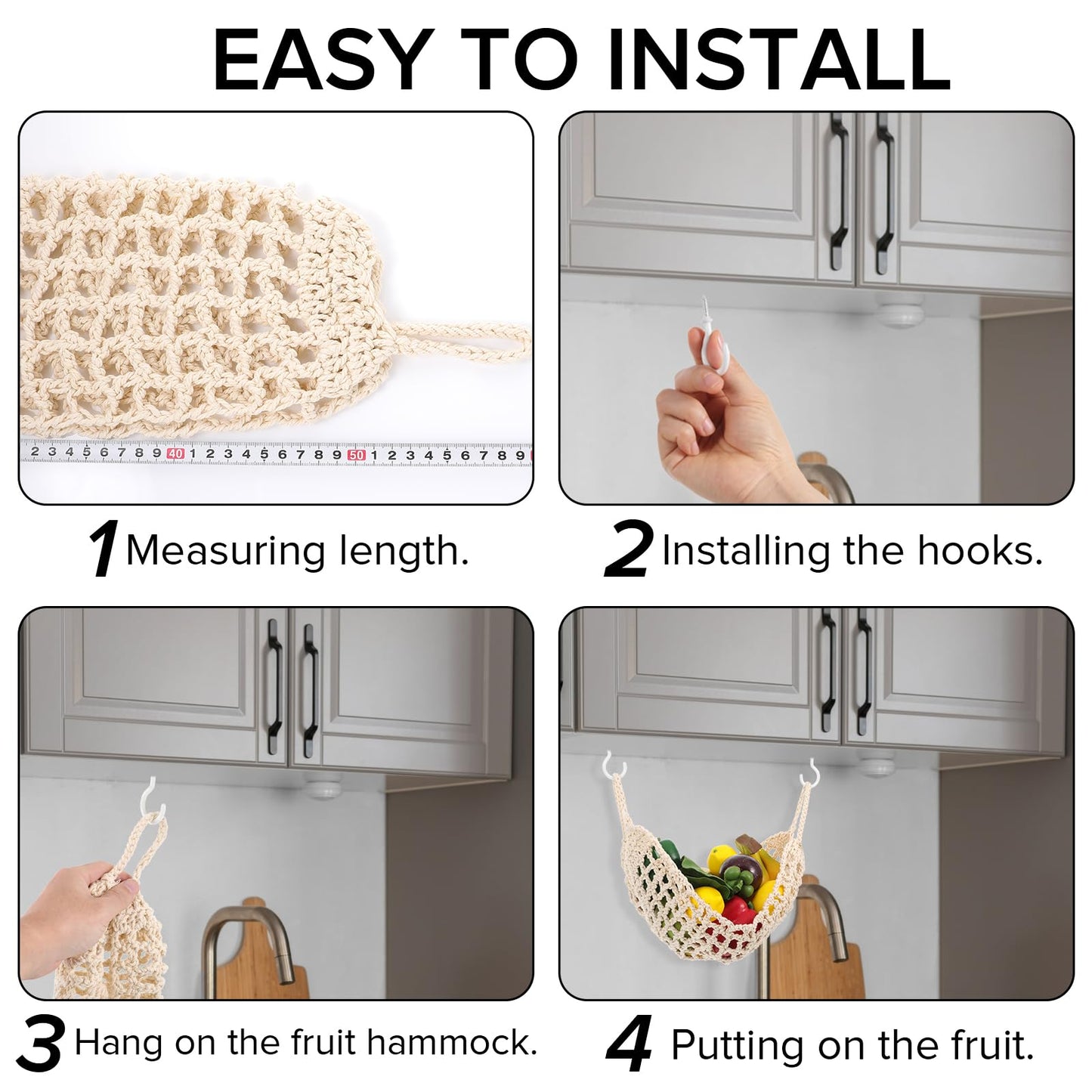 Hanging Fruit Hammock with Hooks Under Cabinet Macrame Basket for Kitchen Hand-Woven Boho Fruit Holder Net Organization Banana Basket for Home Dining Room Cabinet Decor Boat Camper Rv