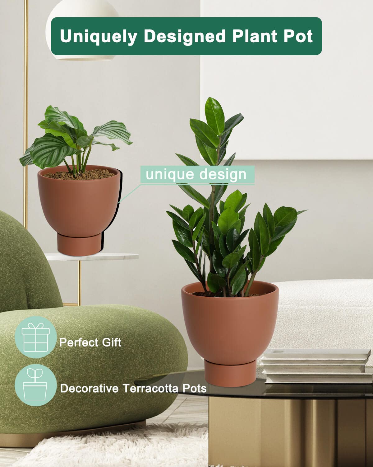 vensovo Dark Terracotta Self Watering Plant Pot - 2 PCS 6 Inch & 8 Inch Terra Cotta Plant Pot with Drainage Hole and Saucer, Small & Large Clay Flower Pot with Tray, Planter for Indoor Outdoor