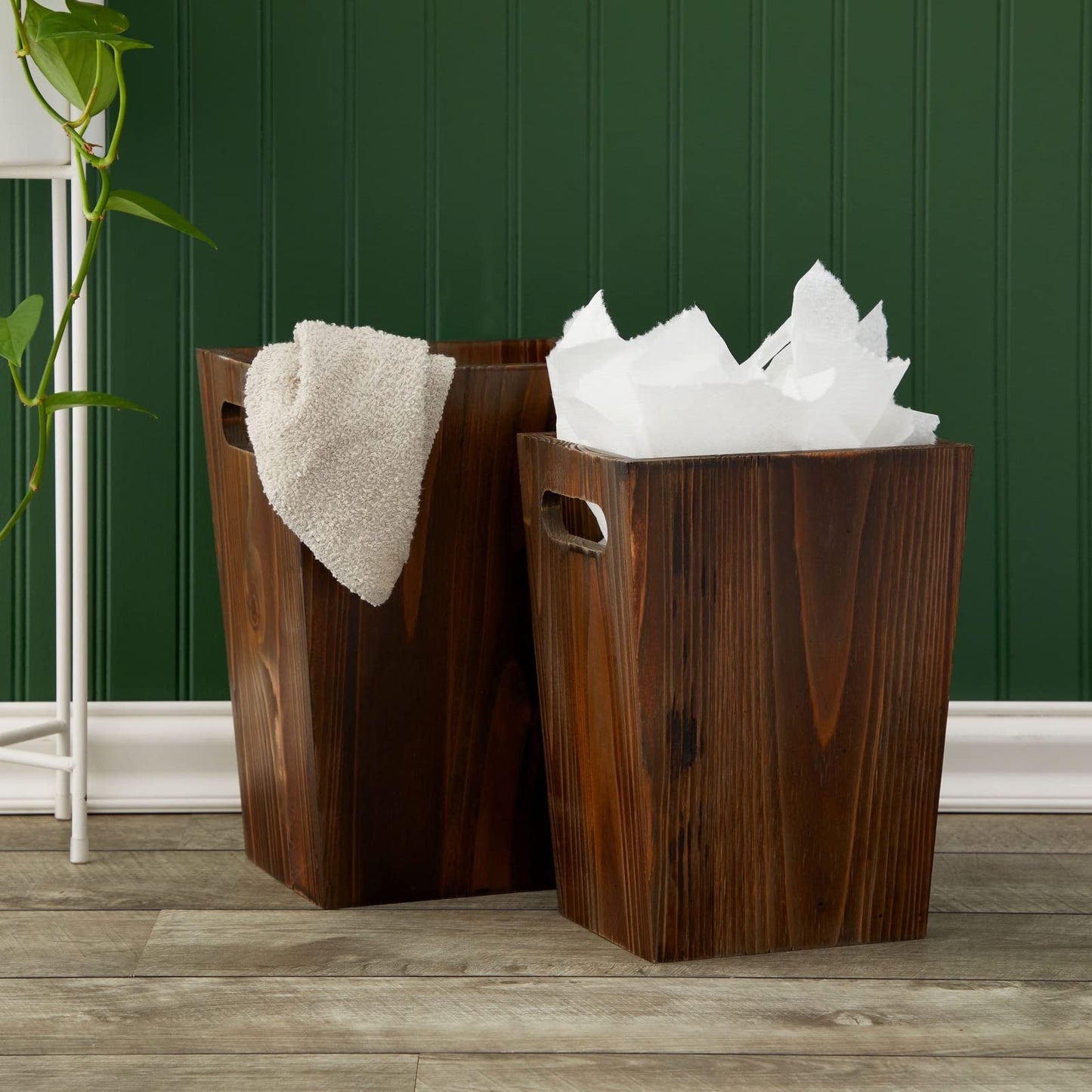 Farmlyn Creek 2 Piece Rustic Style Wood Trash Can Set - Farmhouse Square Wastebasket Bins with Handles for Home or Office (Brown, Small & Large) - Rustic Bathroom Trash Can Set