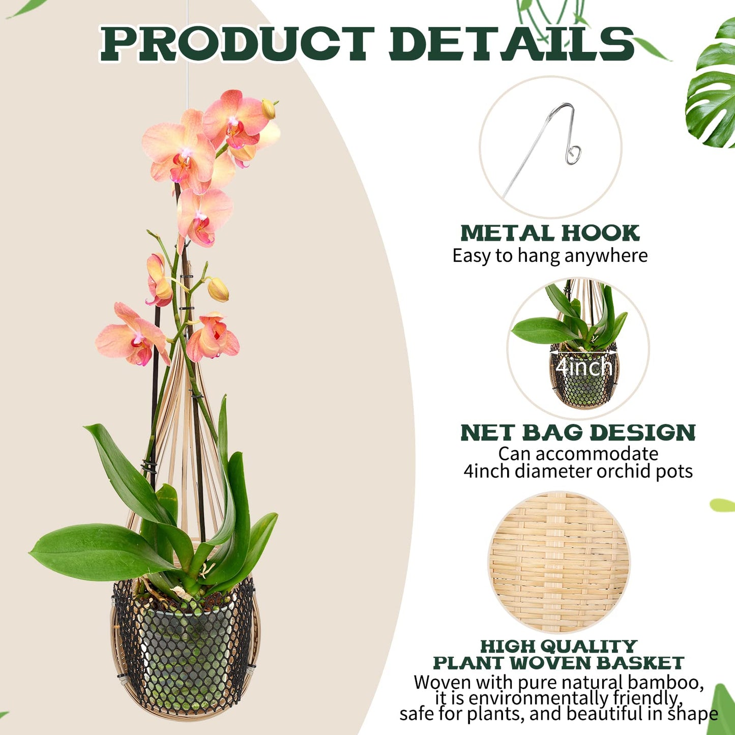 Weysat 10 Pack Hanging Orchid Planter Thai Bamboo Woven 4 Inch Bird Nest Style Orchid Hanging Basket Bamboo Flower Basket with Metal Hook for Trellis Gazebo Indoor Outdoor Wall Small Flower Planter