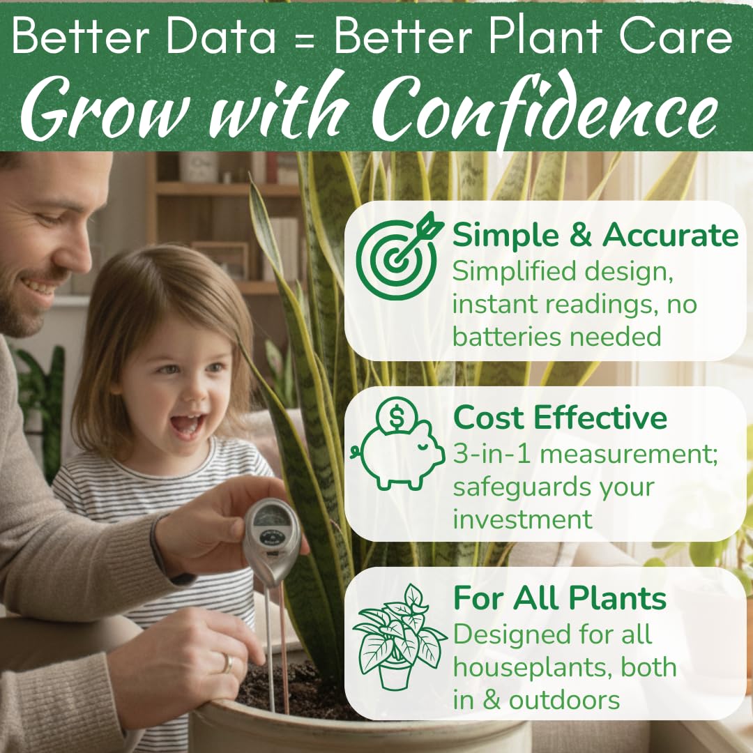 Houseplant Health Meter – 3-in-1 Tool to Prevent Overwatering, Root Rot & Leaf Burn | Test Soil Moisture, Sunlight & pH | Simple, Easy, Battery-Free | Suitable for Indoor, Outdoor & Potted Plants