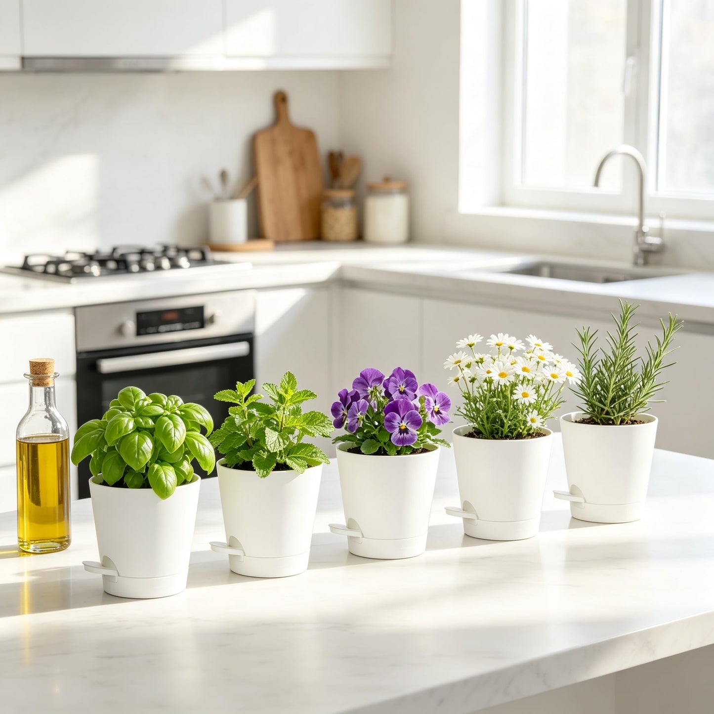 zople 5 Pack 5 Inch African Violet Pots Self Watering, Self-Watering Planters with Drainage Holes & Reservoir, White Plastic Pots for Indoor Outdoor Plants, Succulents & Flowers