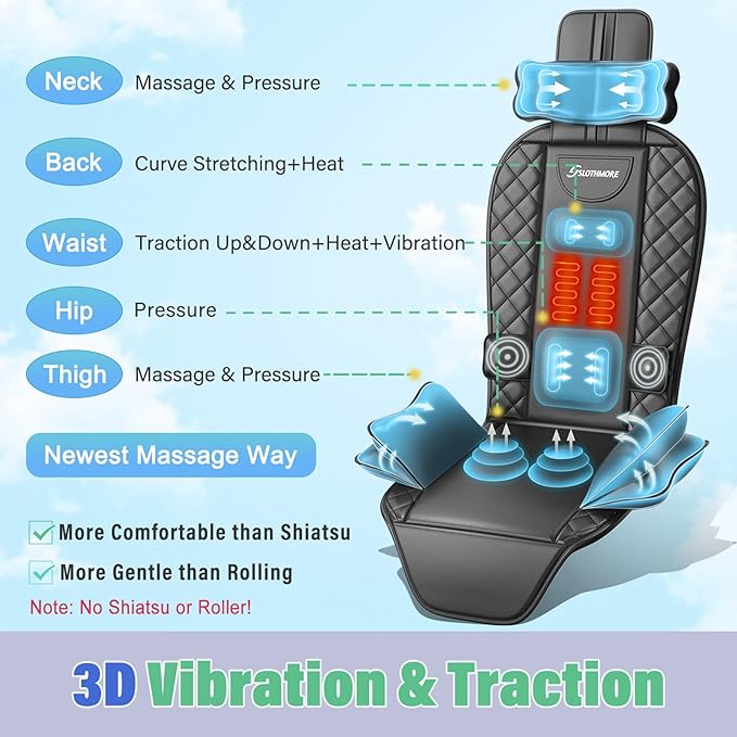 comrelax Back Massager with Heat & Traction & Vibration, Chair Massager Pad, Seat Massage for Pain Relief Deep Tissue, Lumbar Traction, PU Leather, Foldable, for 5’1” to 6’1”