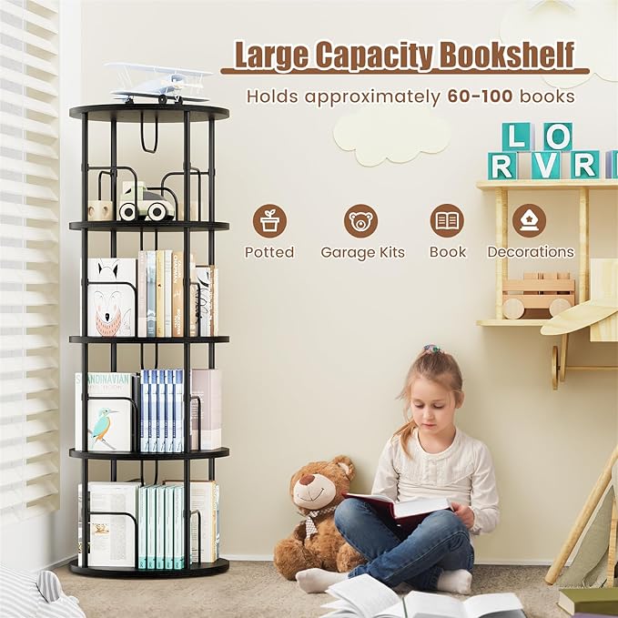 ALLSTAND Rotating Bookshelf, 4 Tier Spinning Bookshelf Tower, 360° Display