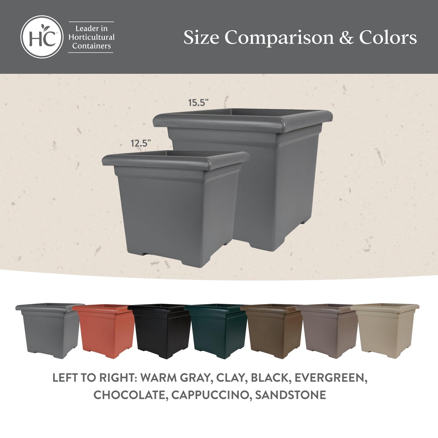 The HC Companies 15.5 Inch Accent Square Plant Pots with Drainage, Lightweight UV-Resistant Plastic Planters for Indoor & Outdoor Plants, 2-Pack Flower Pots for Garden, Office & Home Decor, Chocolate