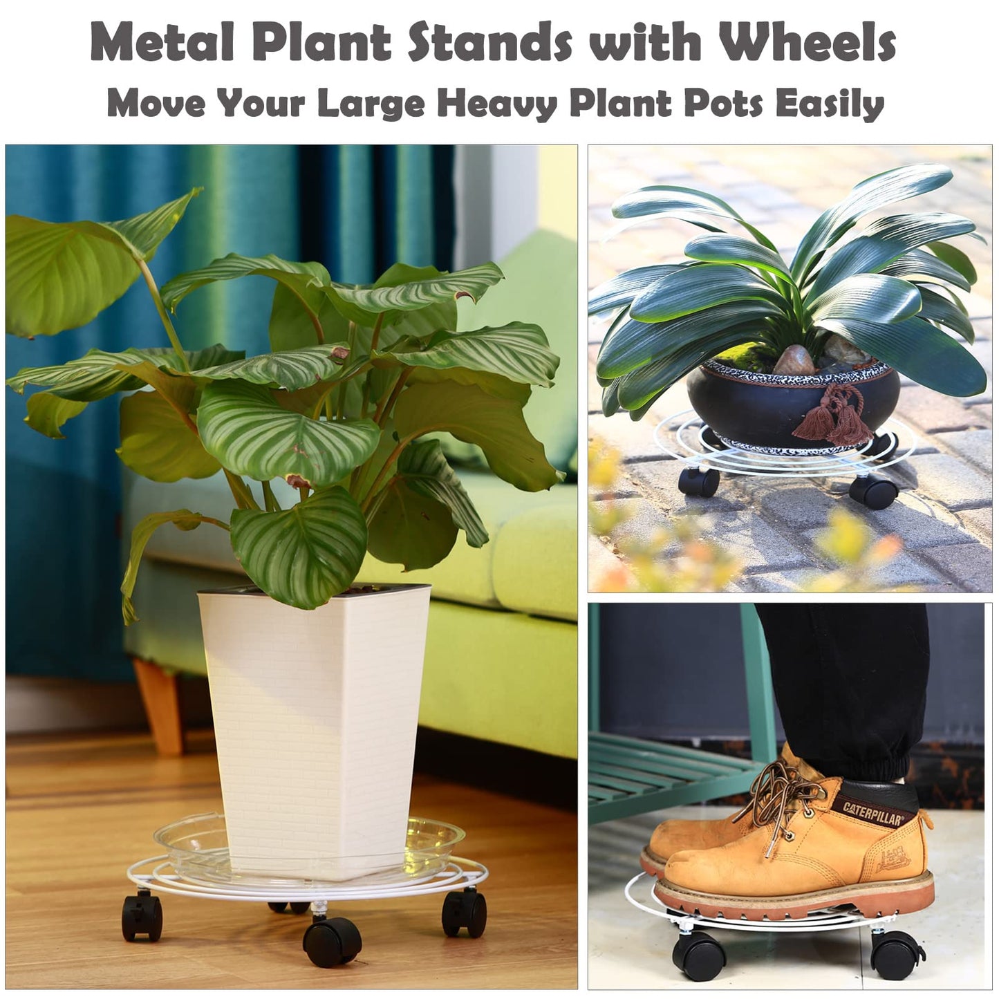 3 Packs Large Metal Plant Caddy with Wheels 13" Heavy-Duty Wrought Iron Rolling Plant Stands with Casters Plant Dolly Plant Roller Base for Indoor and Outdoor Plant Pot Movers Saucers White