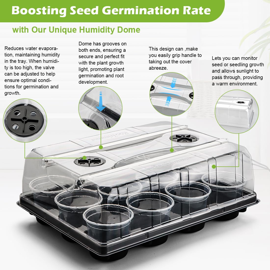 36 Pack 4 Inch Clear Plant Pots & 3 Pack 12 Cell Nursery Pot Trays with Humidity Dome and Growing Lights for Seed Starting, Germination, Seedling Propagation Plant Growing, Sturdy Gardening Kit 3 Sets
