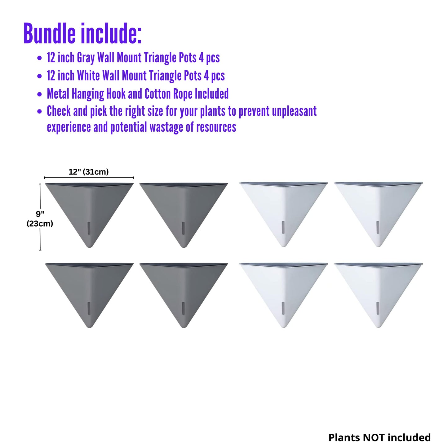 LaLaGreen Bundle - 12" x 4 Pack Gray + 12" x 4 Pack White Large Self Watering Geometric Hanging Flower Vase Vessel with Metal Hanger, Modern Stylish Wall Mounted Succulent Pot Holder Decor