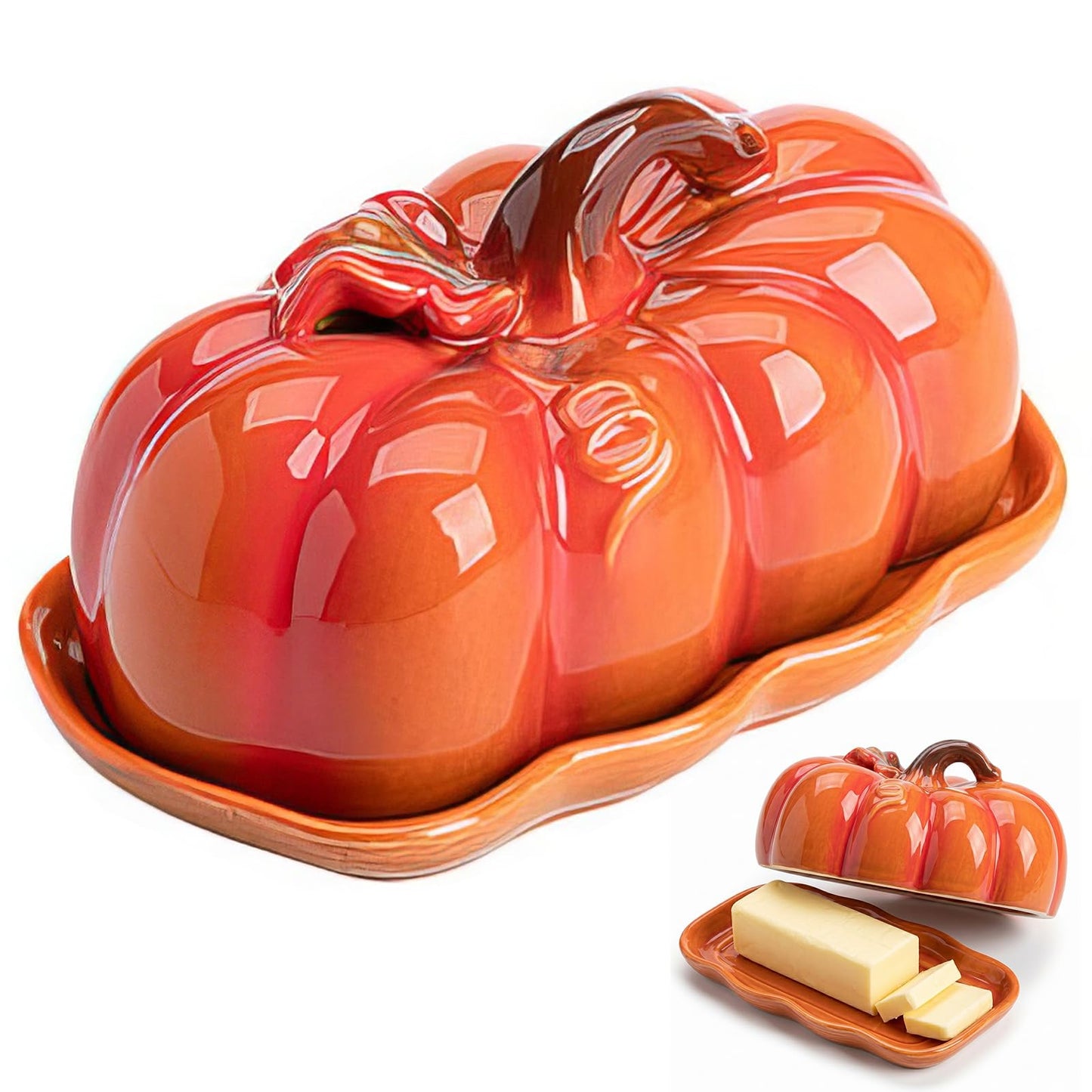 Pumpkin Butter Dish Set with Lid,Kitchen Countertop Tray with Lid,Multi-Purpose Pumpkin Shaped Snack Plate,Ideal Kitchen Decoration and Holiday Gifts such as Halloween &Thanksgiving (Orange, General)