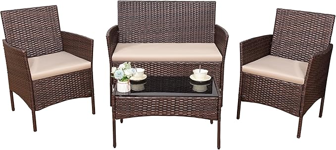 Devoko 4 Pieces Outdoor Patio Furniture Set, PE Rattan Wicker Chairs Balcony