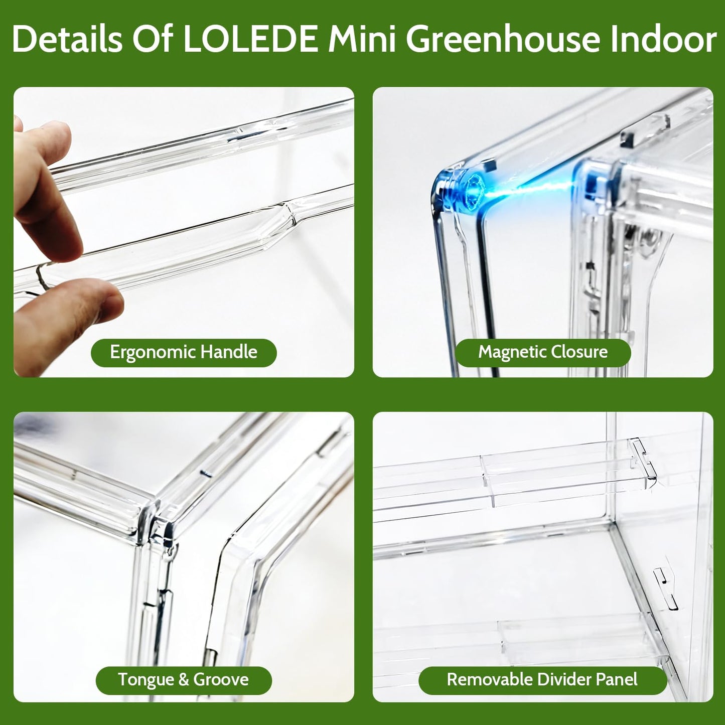 LOLEDE Clear Acrylic Mini Greenhouse Indoor, Small Stackable Tabletop Portable Acrylic Green House with Magnetic Door for Plant Seed Germination, Home Gardening Display,etc. (14.2x8.7x10.6in, 1 Pack)