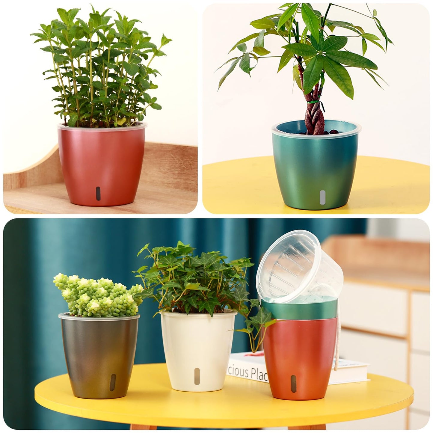 KvyusFlourish Self Watering Pots for Indoor Plants, 4-Pack 6.7'' Self Watering Planter with Drainage Holes, Small African Violet Pots with Water Indicator, Clear Wick Orchid Pot, Rose Gold