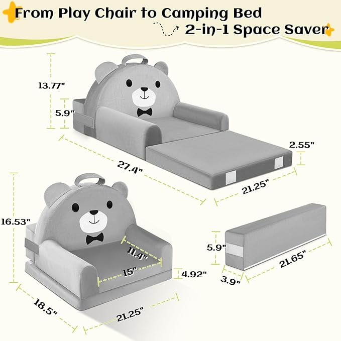 Kids Sofa Bed with Removable Washable Cover & Magic-Tape Backrest – Foldable