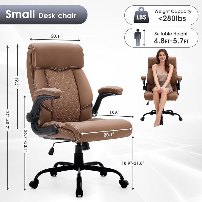 High Back Office Chair with Flip-up Armrests, Leather Comfy Desk Chair with