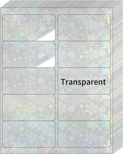 STARLIBOO Transparent Stickers Labels - 2" x 4" Clear Address Labels Mailing Stickers for Laser/Inkjet Printer 8.5"×11"- 20 Sheet (Clear Holographic Snowflake)