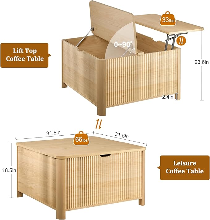 LYNCOHOME 31.5" Fluted Lift Top Coffee Table