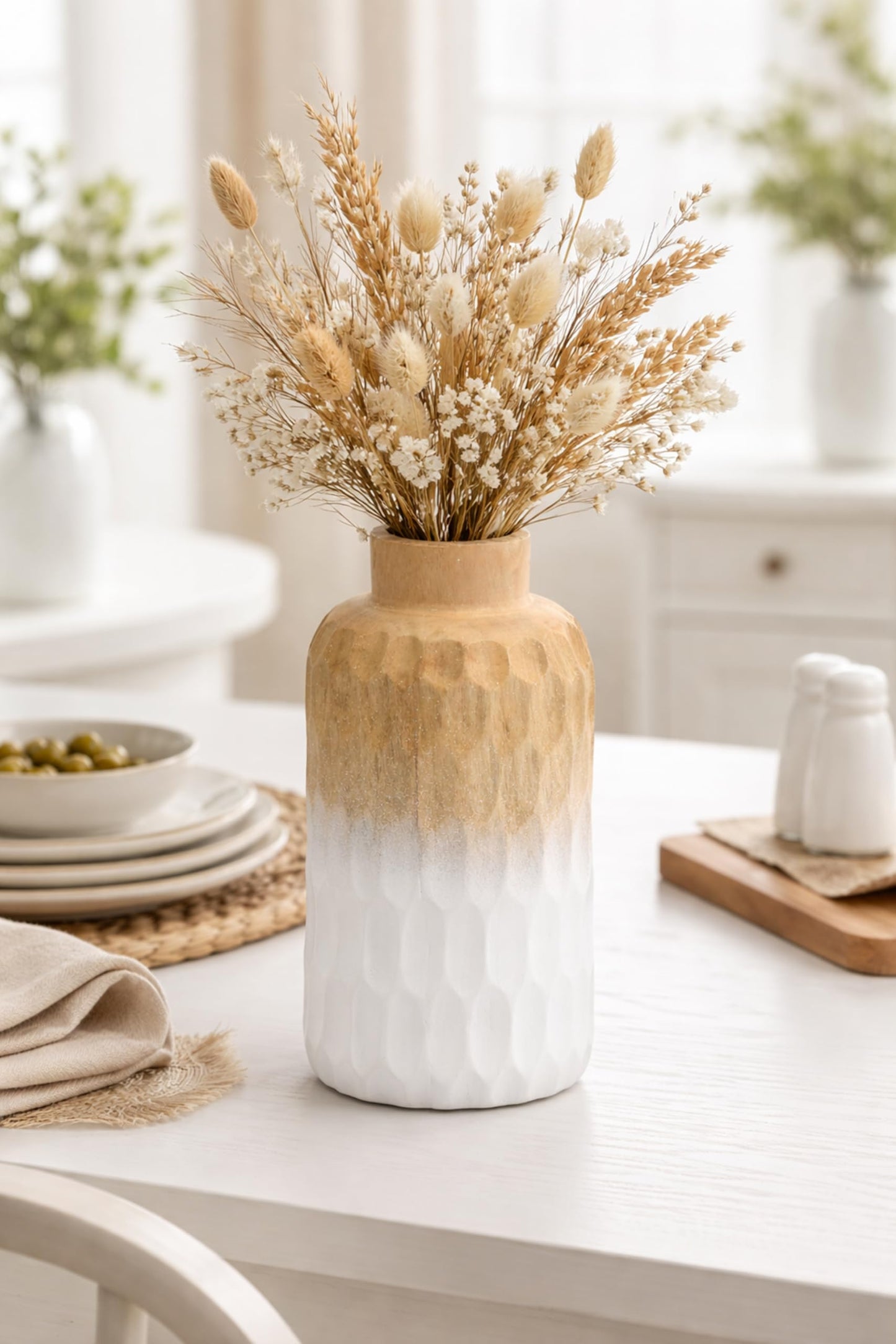 Aeravida Uniquely Etched Scales Light Brown Cylindrical Mango Tree Wooden Vase | Modern Flower Vase | Mango Tree Wooden Flower Vase | Flower Vases for Living Room (White-Brown)