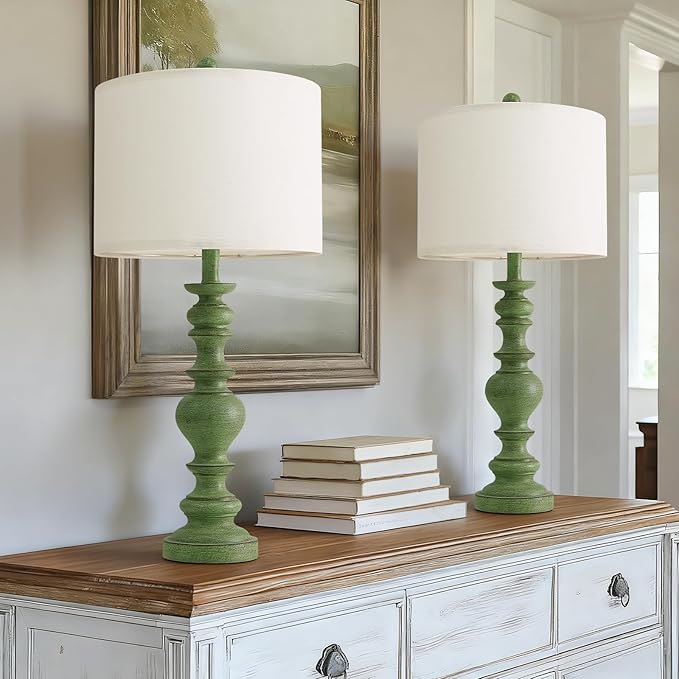 BOBOMOMO 27" Sage Green Table Lamps Set of 2, Large Farmhouse Resin Lamps