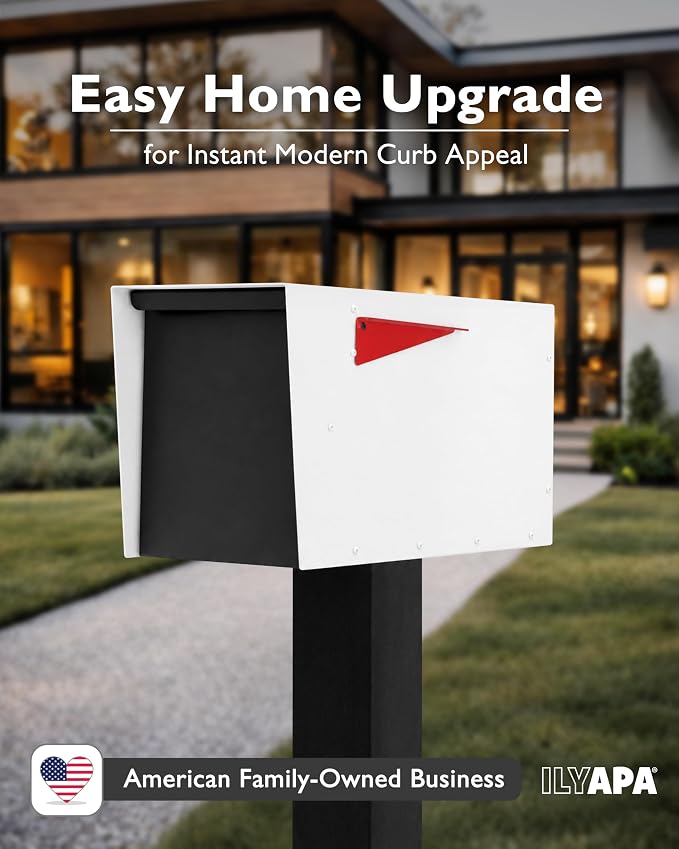 Ilyapa Modern Mailbox for Post Mount - White with Black Door Powder Coated Steel, Waterproof Letter Box for Parcels, with Recessed Magnetic Close Door