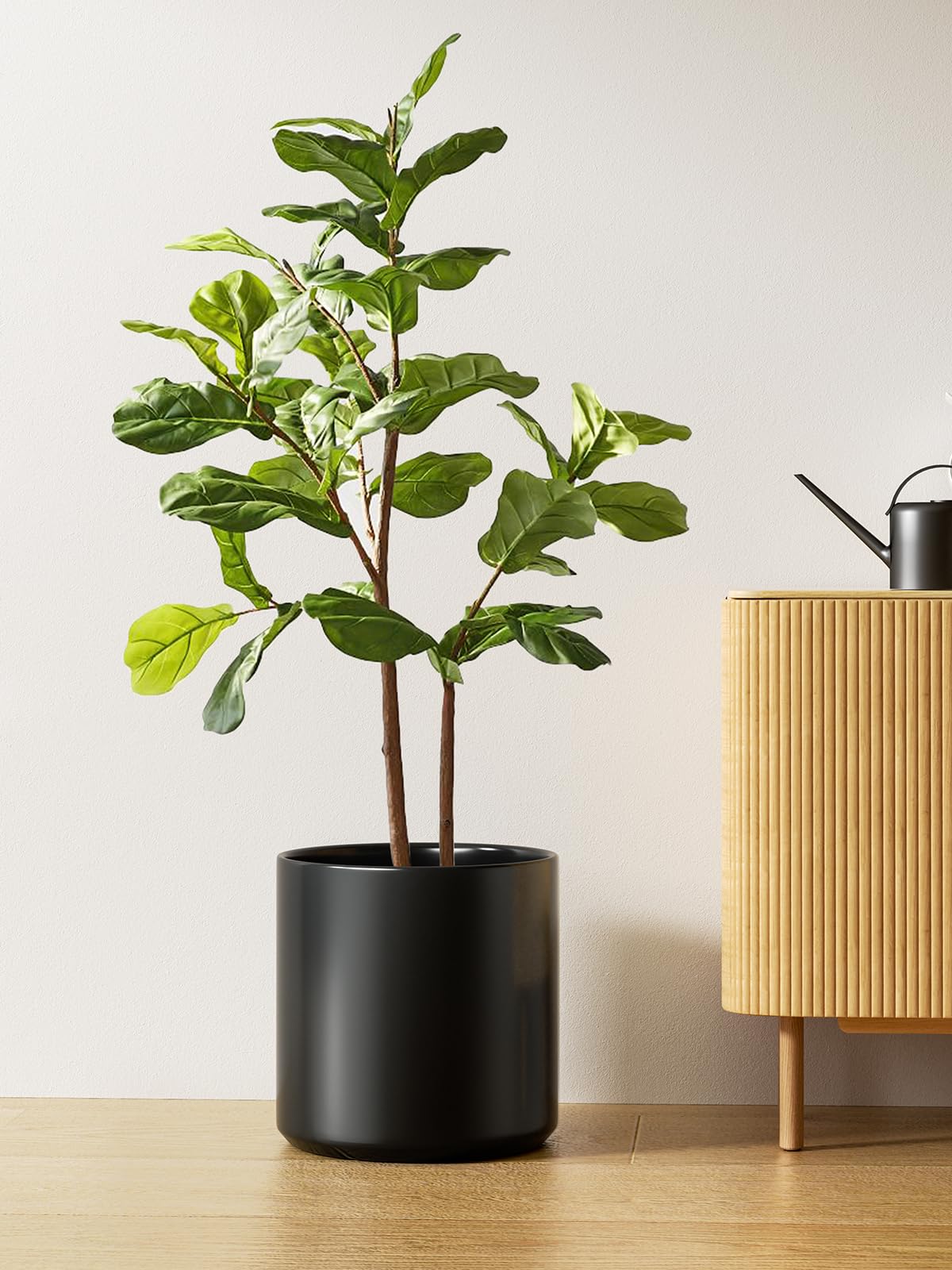 LE TAUCI 12 Inch Pot for Plants, Ceramic Planters for Indoor Plants, Mid-Century Modern Cylinder Flower Pots with Drainage Hole, Fits Fiddle Leaf Fig & Monstera, Home Decor, Black