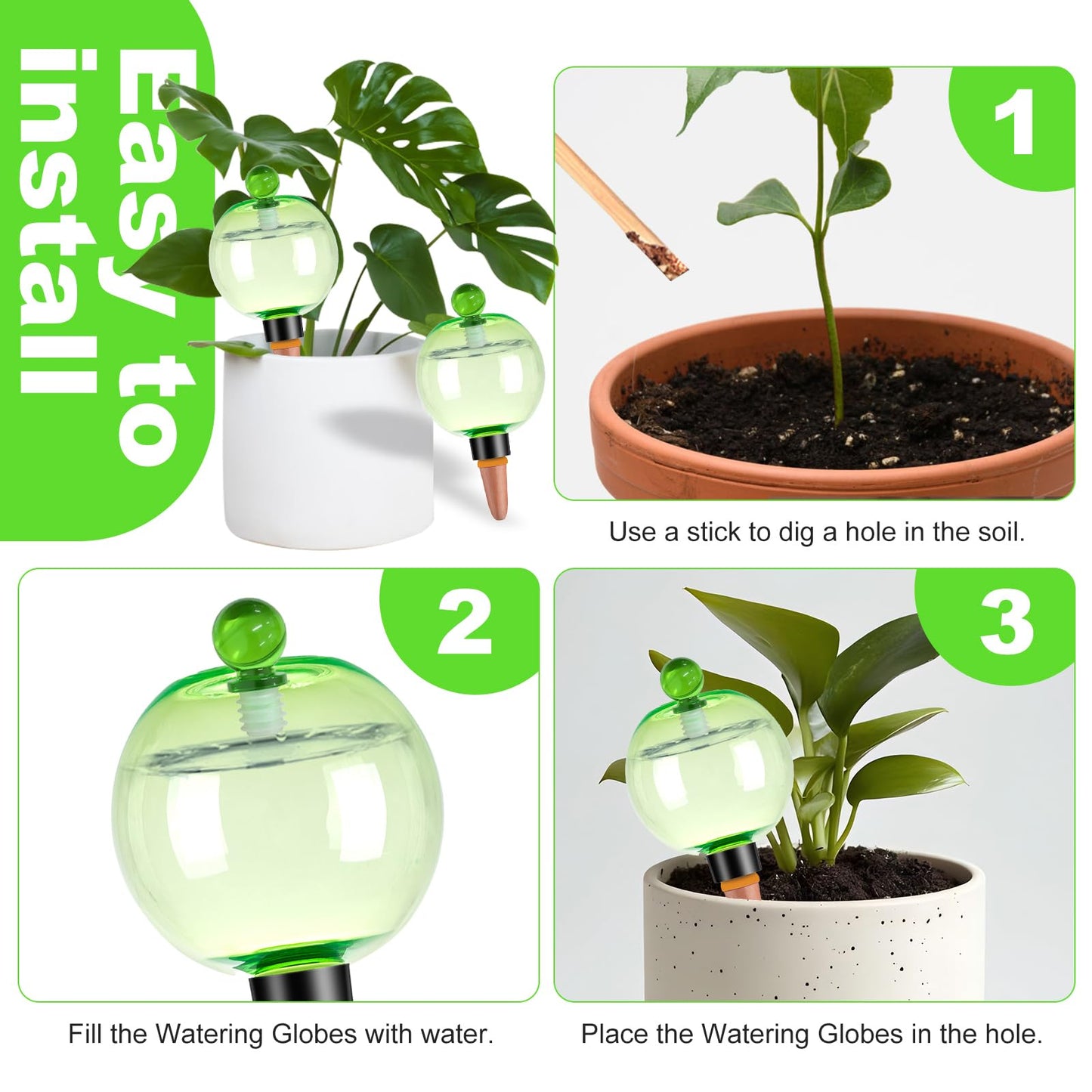 Ansberta 4 Pack Self Watering Globes 17oz Large Plant Watering Globes Top Fill, Self Water Planter Insert Indoor/Outdoor Plastic Water Bulbs Slow Release Terracotta for Plants, Green