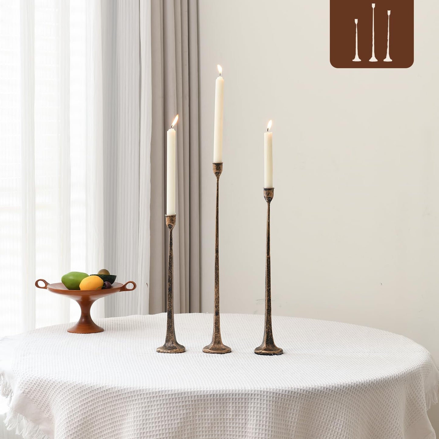 Set of 3 Candle Stick Holders, Iron Antique Gold Candlestick Holders, Fits 3/4 inch Thick Candles, Tapered Candle Holders Tall Set for Dining Table, Wedding, Home Decoration