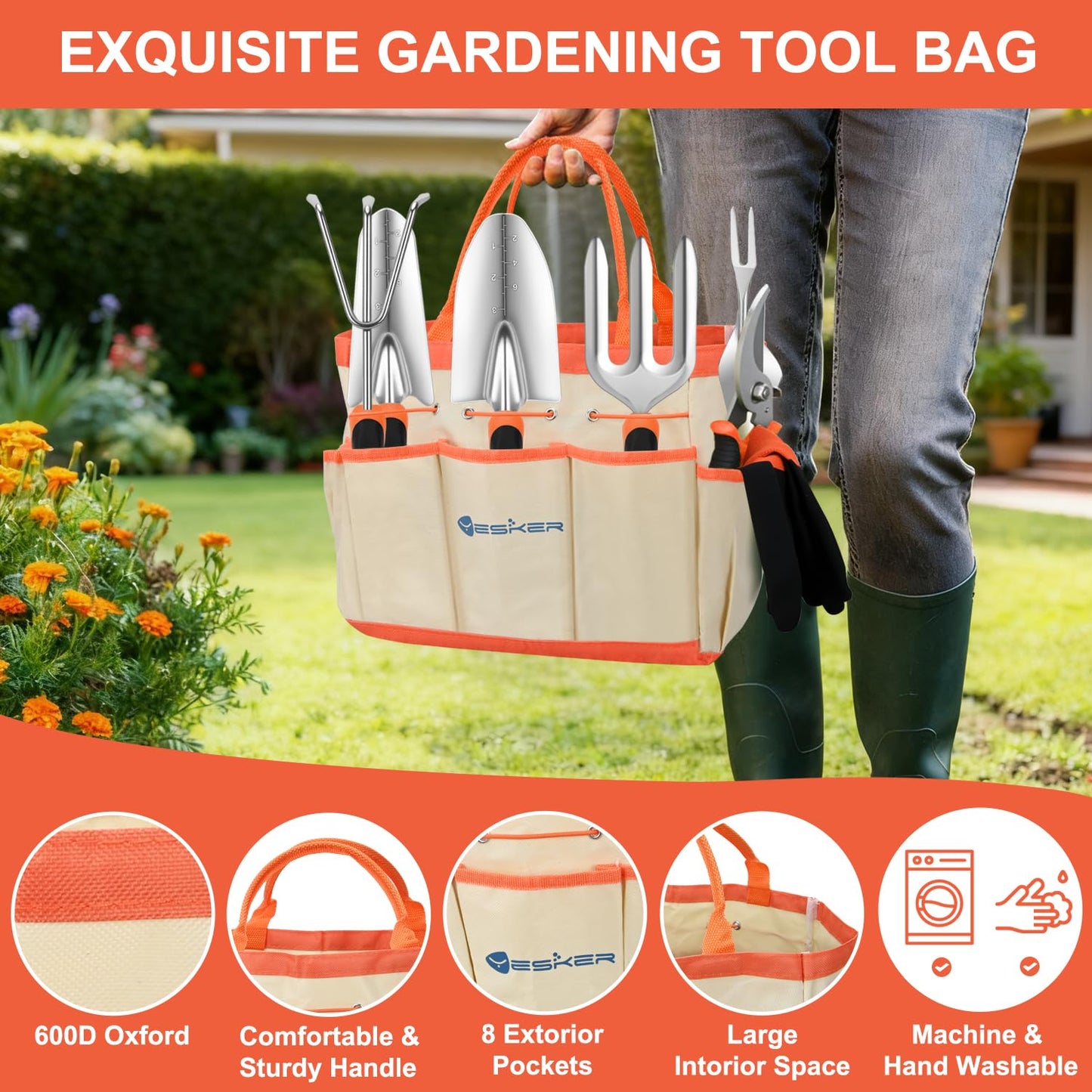 Yesker Gardening Tools 9-Piece Heavy Duty Garden Tool Set Gardening Supplies Gifts for Women Men Gardening Hand Tool Kit with Non-Slip Ergonomic Handle, Garden Bag, Durable Gloves and Shears, Orange