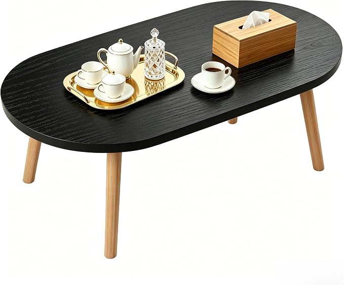 Coffee Table Low Table with Solid Wood Legs, 31.5x19.7 Large Coffee Table Side Table, Floor Table Desk for Sitting on The Floor, Living Room Furniture for Office Apartment Home, Oval Black