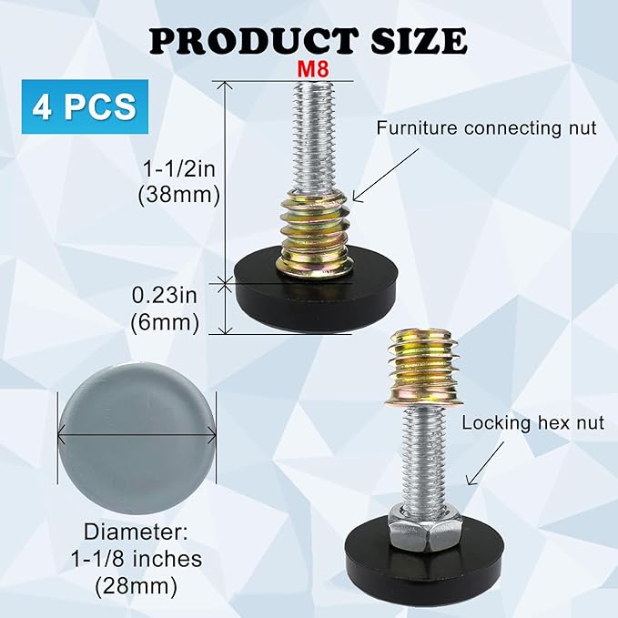 WAFJAMF M8 Thread Leveling Feet PTFE Bottom, Adjustable Furniture Feet Threaded