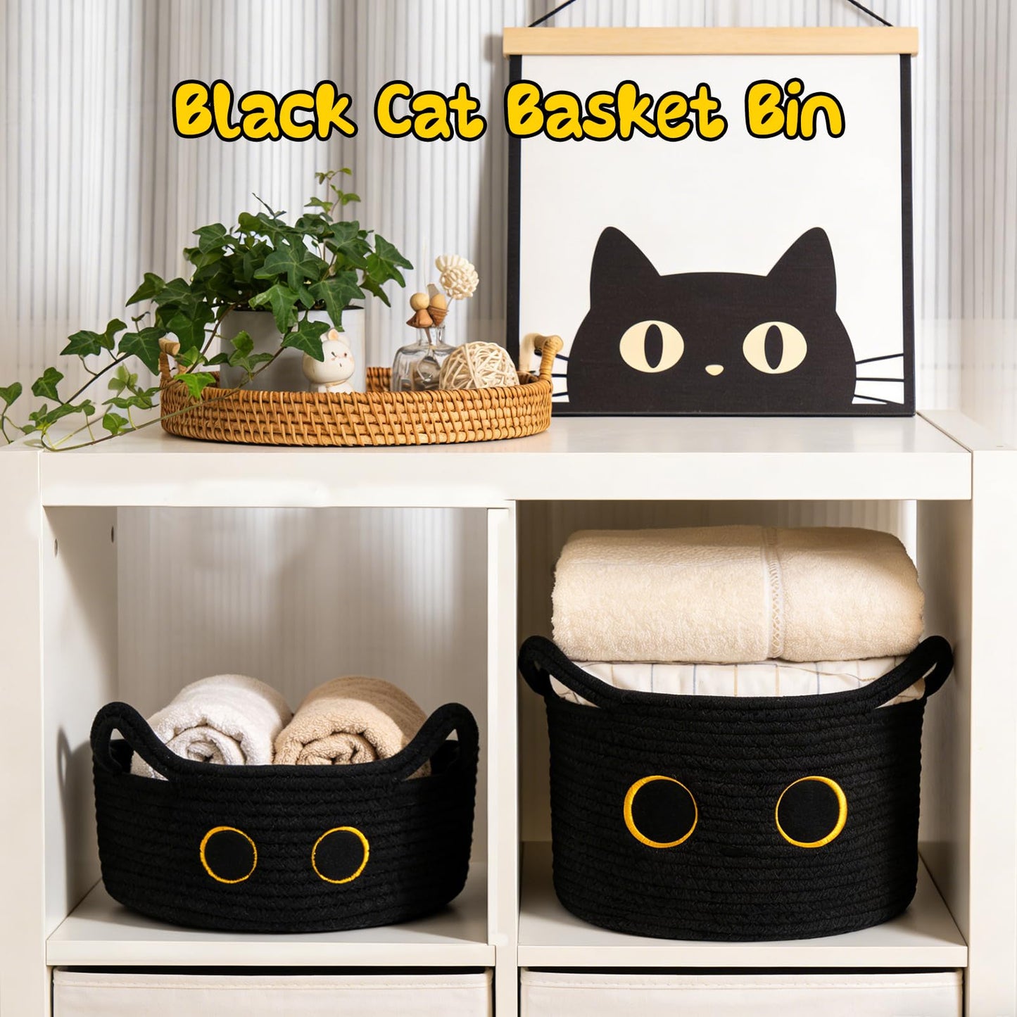 Hkojewp Cute Cat Toy Basket, Large Cotton Rope Toy Bin Box for Cats Bin, Oval Baby 0rganize Blanket Shower Hamper with Handles, Decorative Storage Cat Bin, Halloween Decor,13"D x 8"H in