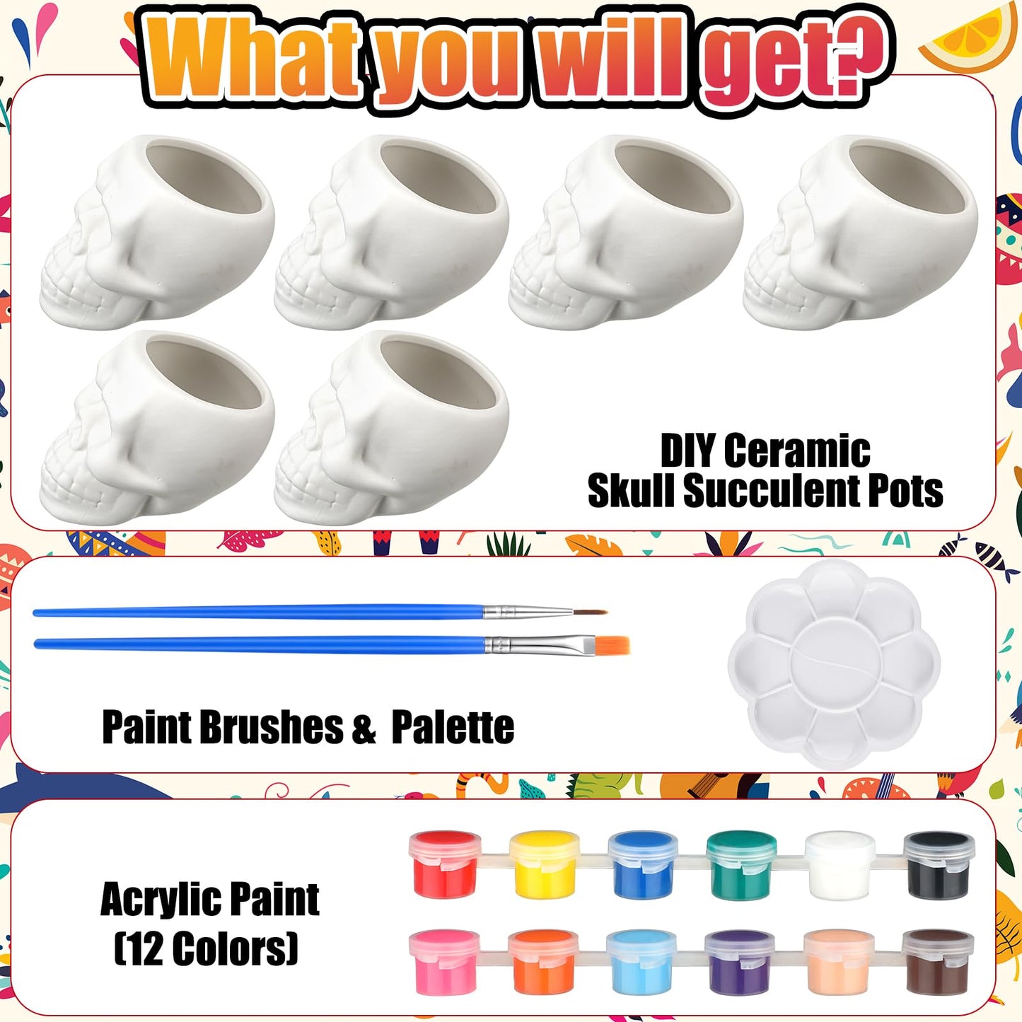 Beeveer 6 Sets Mexican Sugar Skull Crafts for Adults Skulls to Paint Skeleton Planter Paintable Ceramics Classroom Paintable Plant Pots to Paint for DIY Project Activity Decor