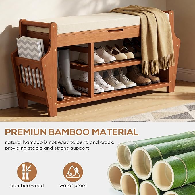 oakvivo 39.4in Shoe Bench with 2 Side Holder, 3 Tier Bamboo Entryway Bench with